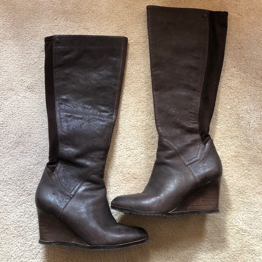 Franco Sarto Brown Leather Knee Boots Size 7. Chocolate Brown Tall Boots Wedge